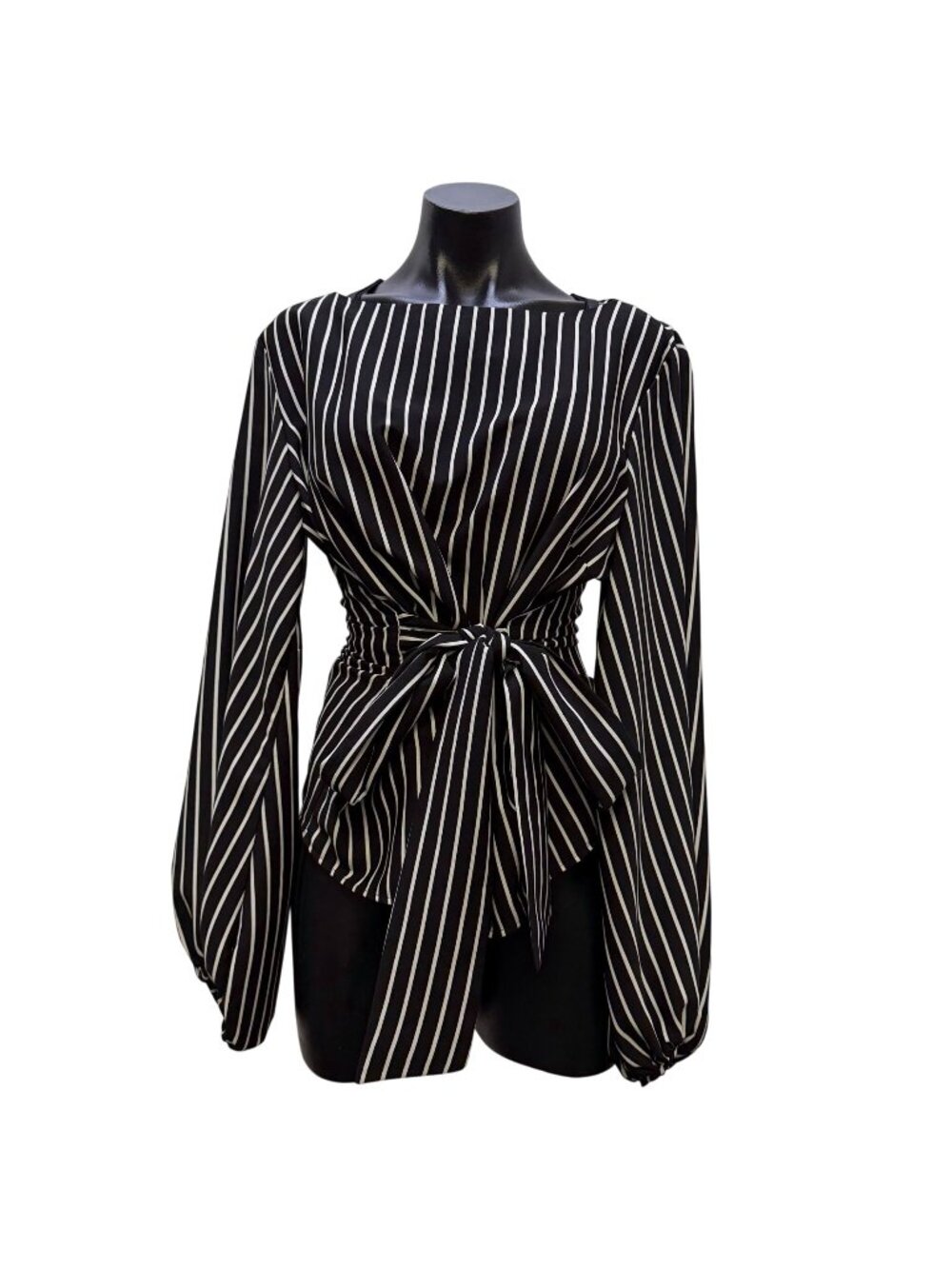 Frank Lyman Striped Black & White Blouse With Tie Waist & Long Sleeves Size 12
